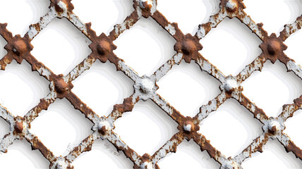 Fototapeta premium Close-up shot of a repeating pattern of a metal latticework. The lattice is composed of intersecting diagonal lines forming diamond shapes. Some sections show significant rusting in shades of