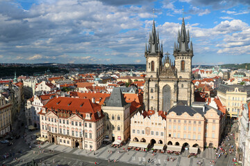 View of beautiful historic architecture and medieval buildings at sunrise in the old town, Prague, Czech Republic.
