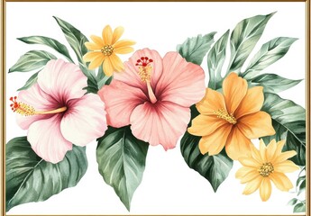 Vibrant Floral Arrangement with Hibiscus and Tropical Leaves