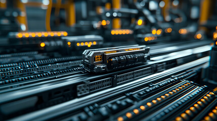 A futuristic train model moves along illuminated tracks in a high-tech environment, showcasing advanced technology and intricate design.