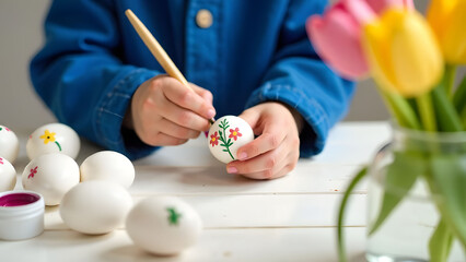 Closeup of children hands in blue shirt holding egg with painted flowers, surrounded by painted eggs on wooden white table, concept of easter creativity, spring celebration
