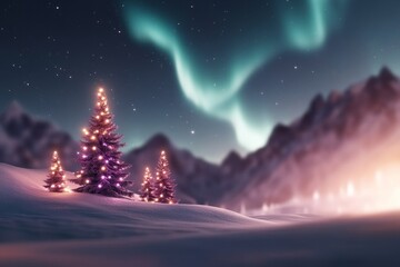 Naklejka premium A surreal snowy landscape with abstract Christmas trees glowing softly in shades of purple and teal under an aurora-lit sky