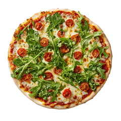 Tomato and Arugula Pizza: An appetizing, top-down view showcases a freshly baked pizza, adorned with vibrant red cherry tomatoes and fresh green arugula, offering a tempting culinary experience. 