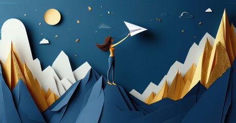 Paper cutout of woman standing at edge of paper cliff holding folded paper airplane deep navy and soft gold symbolizing taking risks