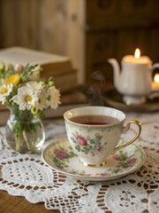  Steaming cup of aromatic tea served in an elegant floral porcelain cup on a vintage wooden table, cozy tea time