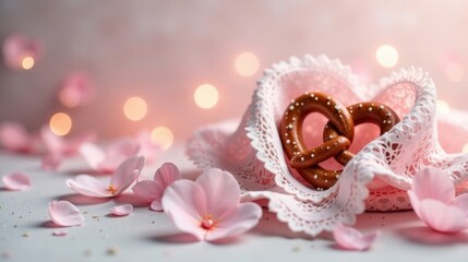 A Delicate Pretzel Nestled in Pink Lace with Soft Blossom Petals and a Gentle Glow
