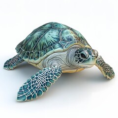 Obraz premium A stunning 3D render of a green sea turtle, showcasing its intricate shell and graceful form. Detailed Animal isolated on white background. Majestic Green Sea Turtle