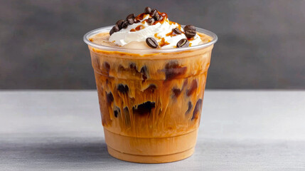 Creamy iced coffee topped with whipped cream and coffee beans in a clear cup