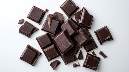 Aromatic Dark Chocolate Pieces Scattered on White Background Delicious Sweet Treat
