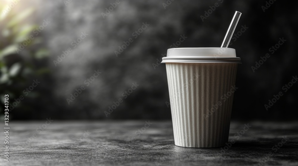 Poster a white ribbed cup filled with a refreshing drink sits on a dark surface. soft lighting creates a wa