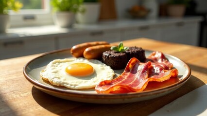 A Sunny Morning Plate Featuring Fried Egg, Crispy Bacon, Sausages, and Blood Pudding