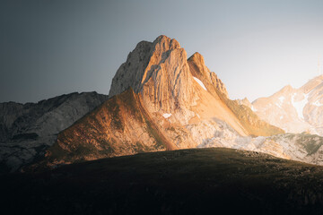 View of majestic mountain landscape at sunset with rugged peaks and serene atmosphere, Brulisau, Appenzell, Switzerland.