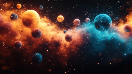 Naklejka premium Cosmic nebula with vibrant planets