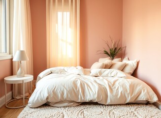 an image of a bedroom with a bed and a window, there is a bed with a white comforter and pillows in a room