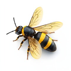 A detailed close-up photograph of a honeybee, showcasing its intricate wings and body markings against a pure white background. Detailed Animal isolated on white background.