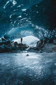 View of a beautiful frozen ice cave with majestic ice formations, Morteratsch, Graubunden, Switzerland.