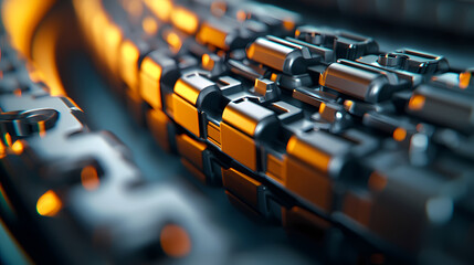 Fototapeta premium A close-up view of interconnected mechanical components, showcasing intricate details and a warm glow from the lighting.
