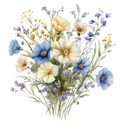 beautiful bouquet of blue and yellow flowers, featuring delicate petals and lush greenery, creating serene and vibrant floral arrangement