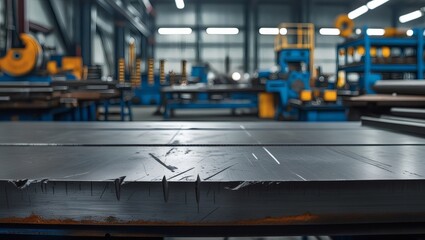 Fototapeta premium Industrial metalwork environment with a sturdy bench under bright lighting.