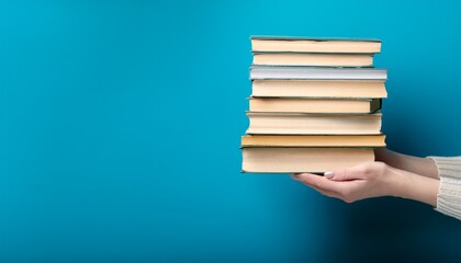 Generated image Woman hands holding pile of books over light blue background. Education, library, science
