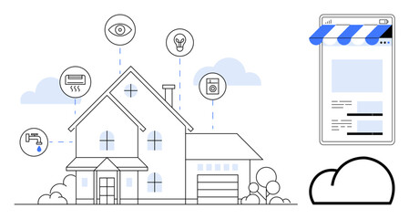 Fototapeta premium House linked to devices symbolizing security, energy, water, and appliances connected to a mobile app. Ideal for technology, automation, sustainability, control, efficiency home management IoT