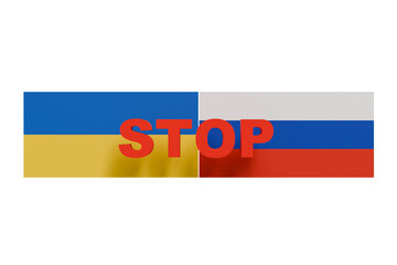 3D model of the flag of Ukraine and Russia on a white background and the text red stop, flag of two countries