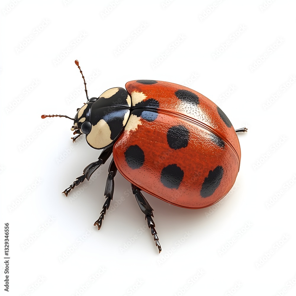Poster a stunning close-up image of a ladybug, showcasing its vibrant red shell with distinctive black spot