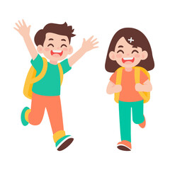 Excited happy school children running with backpacks and smiling joyfully