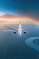 Fototapeta premium A whimsical design of an airplane flying through a rainbow.