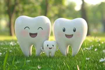 Happy tooth family in nature scene with smiling faces