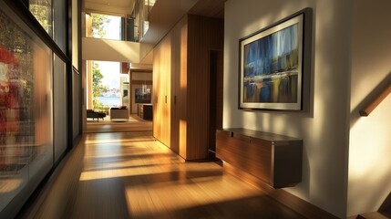 Floating built-in cabinet in a hallway, seamlessly integrated into the wall with hidden push-latch doors