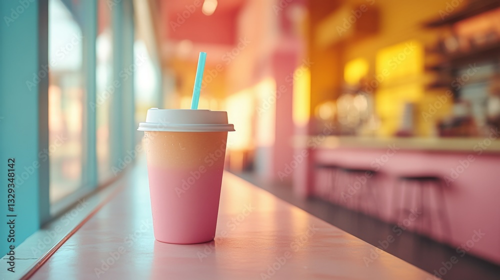 Poster a vibrant drink in a cup with a gradient of colors rests on a sleek table in a bright cafe. sunlight