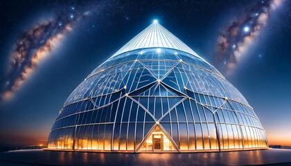 Obraz premium A sky-high observatory with a colossal crystal at its core, glowing and channeling starlight energy into the heavens above—a fusion of science and magic. 