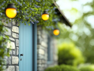 Charming stone cottage exterior with blue door and glowing lights surrounded by lush greenery and blooming flowers in spring