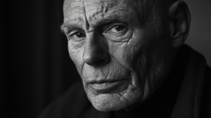Obraz premium Elderly caucasian male in thoughtful expression in black and white portrait