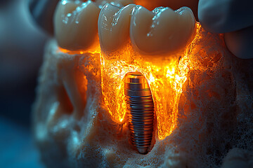 Closeup of dental implant fusing with jawbone, illuminated with warm light.  A powerful metaphor for healing and restoration, ideal for medical, dental, or health websites.