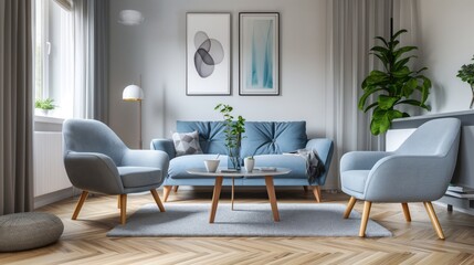 Diseño interior escandinavo de sala de estar moderna.