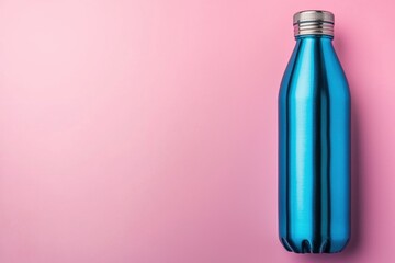 A shiny blue metallic water bottle stands vertically on a vibrant pink backdrop, symbolizing a commitment to hydration and sustainable living, promoting eco-friendliness.