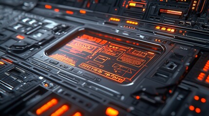 Futuristic technological interface with glowing orange display.