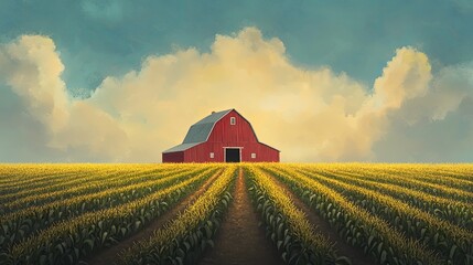 Stylized barn surrounded by symmetrical rows of cornfields background