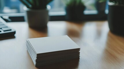 Symmetrical stack of business cards on a minimalist desk background