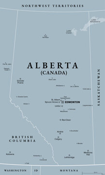 Alberta, province of Canada, gray political map with boundaries, cities, rivers and lakes. Part of Western Canada and one of the prairie provinces, with capital Edmonton and largest city Calgary.