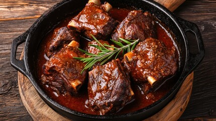 Fototapeta premium Braised beef shank plated in a cast iron skillet