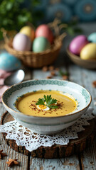 Elegant Bowl of Barszcz Biały: Traditional Polish Easter Soup for Culinary Blogs, Menus, and Marketing Materials