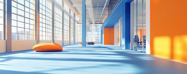 Modern open office space with large windows and vibrant colors