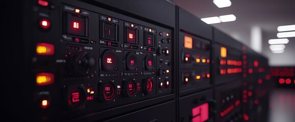 Illuminated control panel with numerous buttons and switches in a server room.