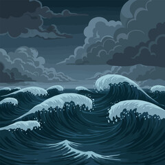 Ocean Waves Crashing Under Stormy Sky Creating Dark Moody Seascape