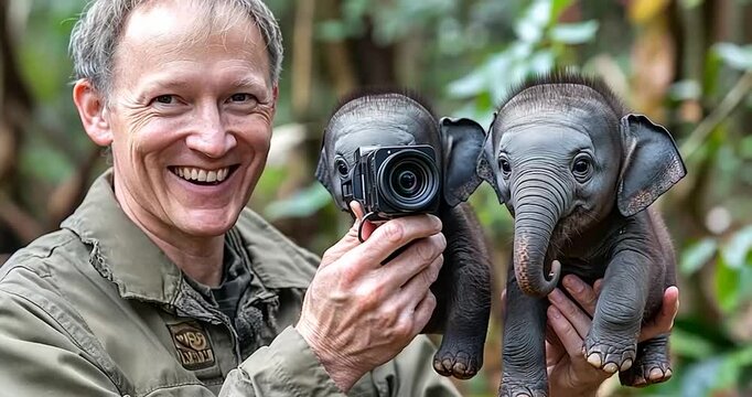 Man taking photo of baby elephants in a zoo