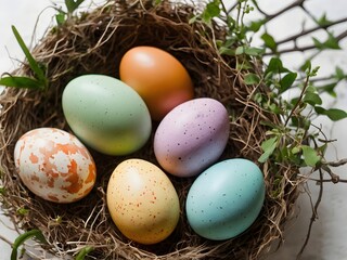 Nature-inspired Easter eggs with tree branch and plant leaves on a white surface