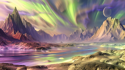 A colorful landscape features mountains, a lake, and an aurora-filled sky